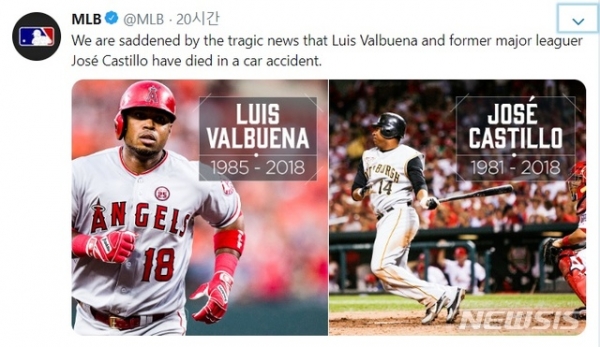 메이저리그(MLB) 사무국이 공식 소셜네트워크서비스(SNS)에 루이스 발부에나와 호세 카스티요의 사망을 애도하는 글을 올렸다. (사진 = MLB 트위터 캡처)