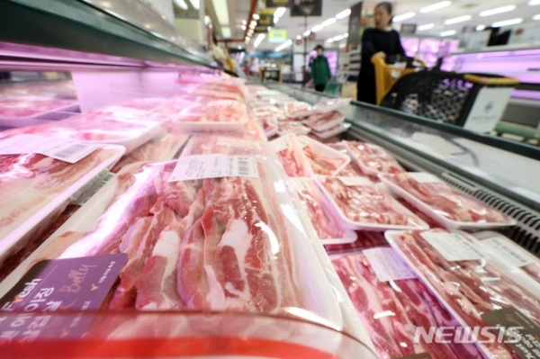 아프리카돼지열병(ASF) 발병 초기 급등했던 돼지고기 가격이 소비심리 위축과 유통물량 증가 영향으로 떨어지고 있는 가운데 지난 14일 서울 한 대형마트에서 시민들이 돼지고기를 살펴보고 있다.
