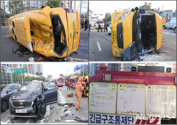 지난 25일 오전 7시24분께 서울 송파구 방이동에서 고등학교 통학버스가 승용차와 충돌하는 사고가 발생했다. 이 사고로 버스에 타고 있던 운전자와 학생 등 모두 12명이 병원으로 옮겨졌다.