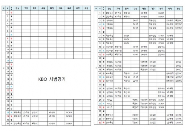 2020년 KBO 정규시즌 3, 4월 일정. (KBO 제공)