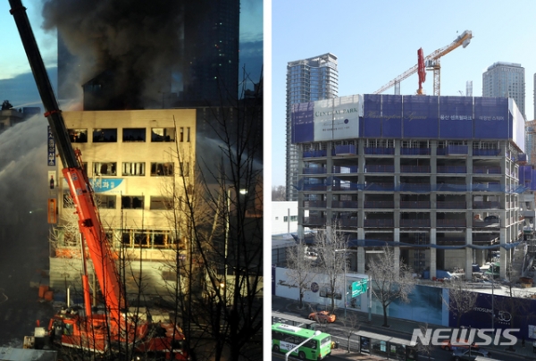 지난 2009년 1월 20일, 서울 용산구 남일당 건물 옥상에서 철거민 농성 진압 과정에서 화재가 발생, 6명이 사망하고 24명이 부상했다(왼쪽 사진). 그로부터 10년이 지난 작년 1월20일 옛 사고현장 터는 주상복합 건물 신축 공사가 진행되고 있다.