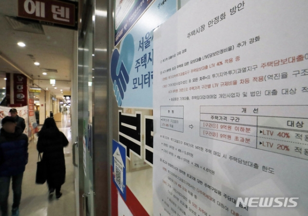 22일 서울 송파구의 한 부동산 중개업소에 정부의 주택시장 안정화 방안 대출 규제 안내문이 붙어 있다.
