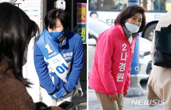 제21대 총선에서 동작을에 출마하는 이수진(왼쪽) 더불어민주당 후보가 지난 6일 오전 서울 동작구 남성역에서, 나경원(오른쪽) 미래통합당 후보가 서울 동작구 상도역에서 출근 인사를 하고 있다.