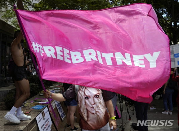 지난 6월23일 미 캘리포니아 로스앤젤레스(LA) 카운티 스탠리 모스크 고등법원 앞에서 가수 브리트니 스피어스의 팬들이 '프리 브리트니'(Free Britney) 깃발을 흔들고 있다. 2021.07.15.