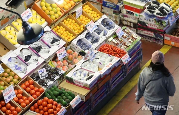 배훈식 기자 =서울 마포구 마포농수산물시장을 찾은 시민들이 장을 보고 있다. dahora83@newsis.com