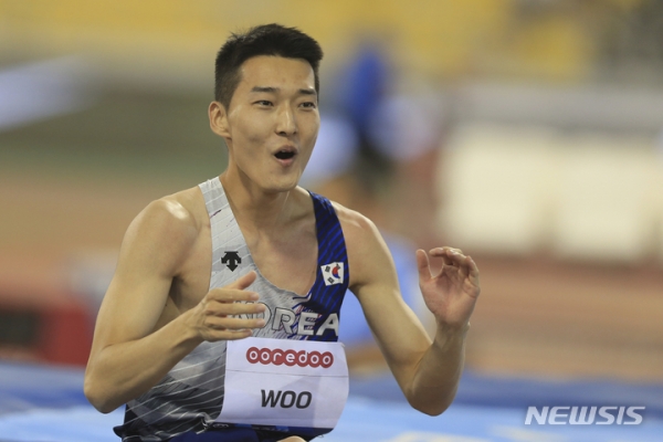 우상혁이 한국인 최초로 세계육상연맹 다이아몬드리그에서 우승했다. 2022.05.13.